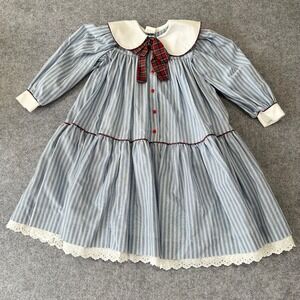 Vintage Debut Girls Dress Size 6 Blue White Striped Plaid Bow Lace Trim Made USA